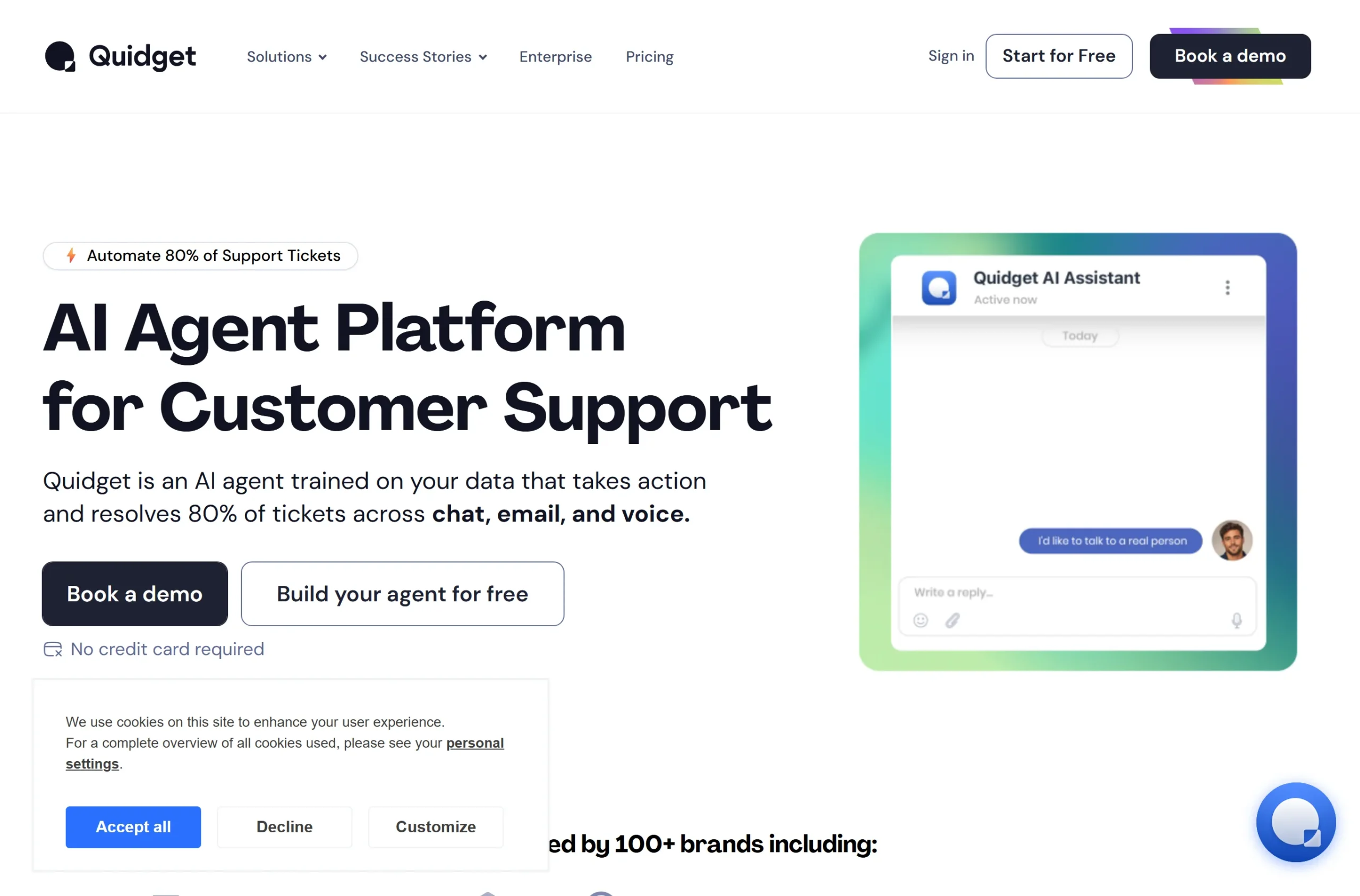 Screenshot van de Quidget homepage met de tekst AI Agent Platform for Customer Support